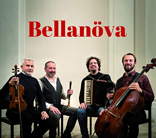 Four men sitting on chairs holding string and folk instruments, with "Bellanöva" text above.