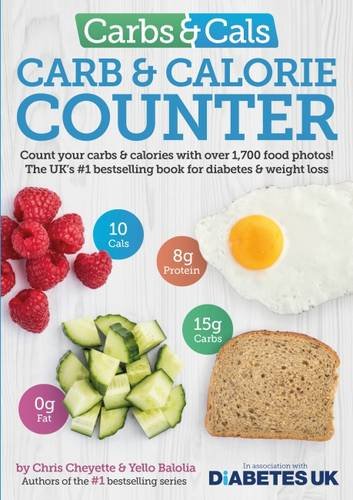 "Book cover with food images and nutritional information on a white wooden background."