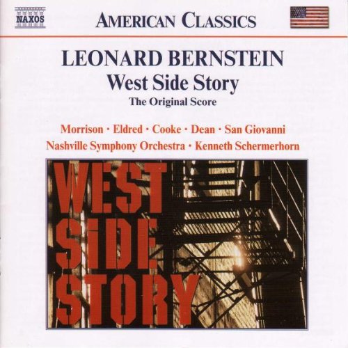 "CD cover for West Side Story, featuring a fire escape and bold red text."