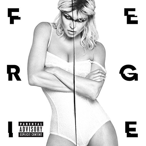The image depicts a black-and-white album cover featuring a woman in a white bodysuit, with the artist's name visible. For accessibility purposes, a suitable alt text could be: "Black-and-white album cover with Fergie in a white bodysuit."