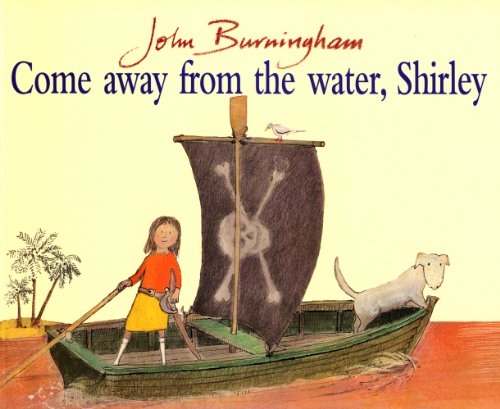 "Illustration of a girl and dog on a pirate boat, with a Jolly Roger flag."