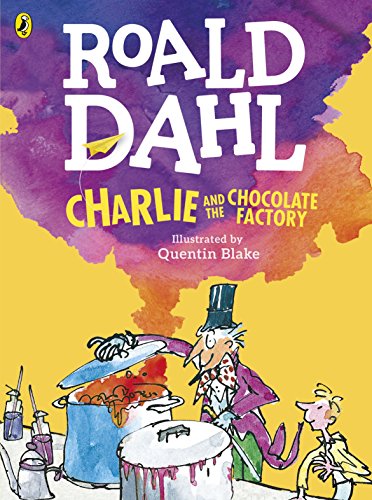 "Colourful book cover of 'Charlie and the Chocolate Factory' with cartoon illustrations and text."