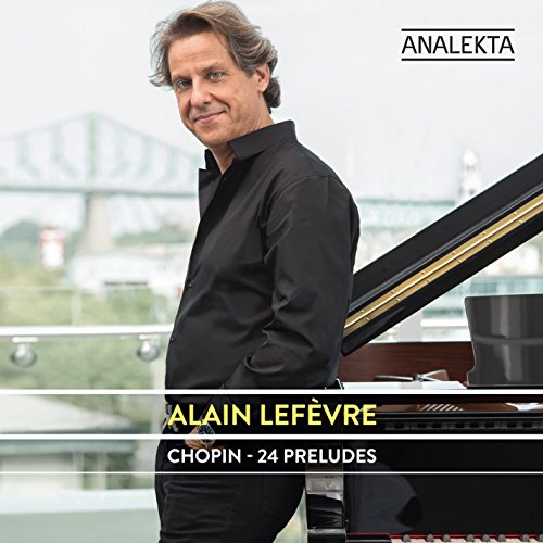 Man stands beside a grand piano, wearing a black shirt, with cityscape behind.