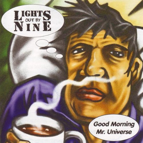 "Album cover featuring a man with a coffee cup and thought bubbles."
