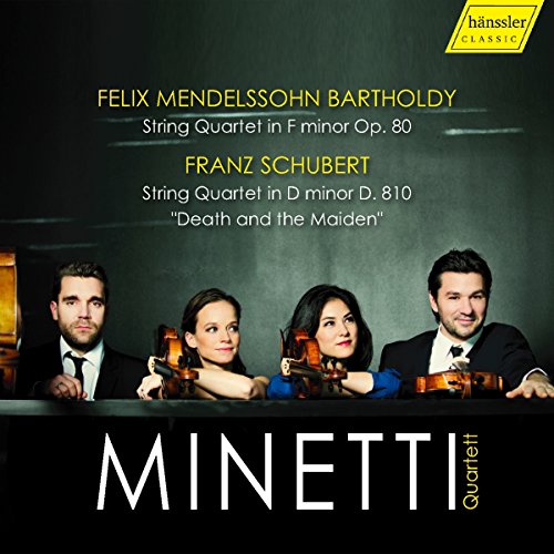 Minetti Quartett CD cover featuring four musicians holding string instruments against a dark background.