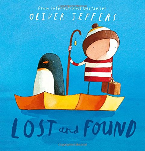 The image depicts a children's book cover featuring a cartoon boy and penguin in a boat.