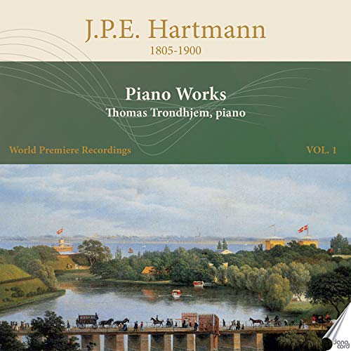 CD cover with a serene landscape painting and text describing piano works.