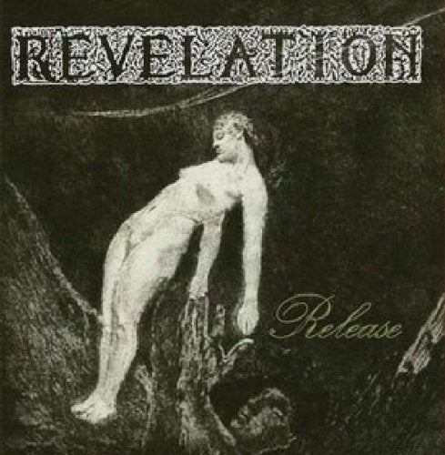 Album cover with a nude figure standing on a tree stump, dark background.