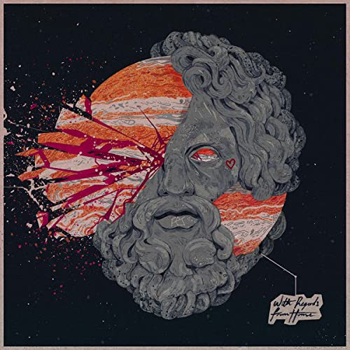 Album cover with a grey statue head and red planet against a black background.