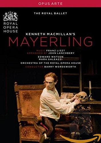 "Mayerling DVD cover: man in white shirt sits with skull and candle on ornate desk."