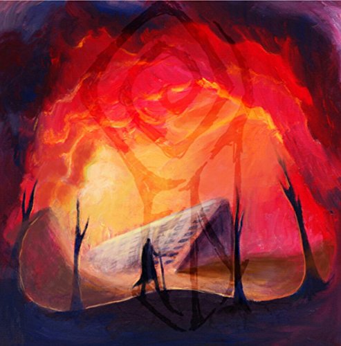 The image depicts a vinyl record cover with an abstract, fiery design and a silhouette.