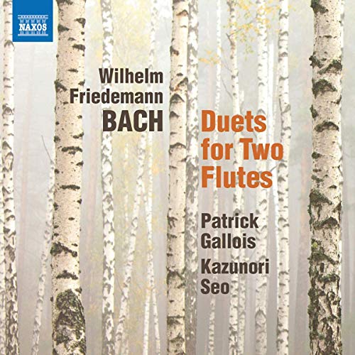 "CD cover with birch trees and text: Wilhelm Friedemann Bach, Duets for Two Flutes."