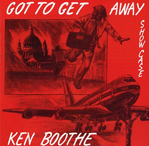 Red album cover with man jumping onto airplane, cityscape in the background.
