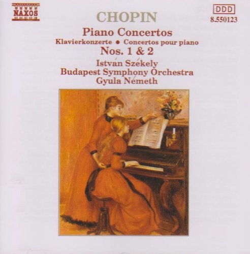 Chopin piano concertos CD cover featuring a woman playing piano, wearing a red dress.