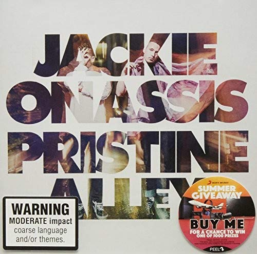 "CD cover with 'Jackie Onassis Pristine Alley' text and warning label, featuring a sticker."