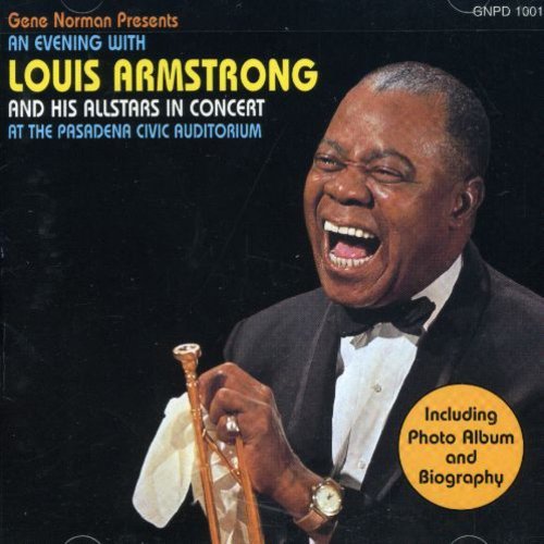 "Louis Armstrong in a tuxedo holding a trumpet, smiling, on a CD cover."