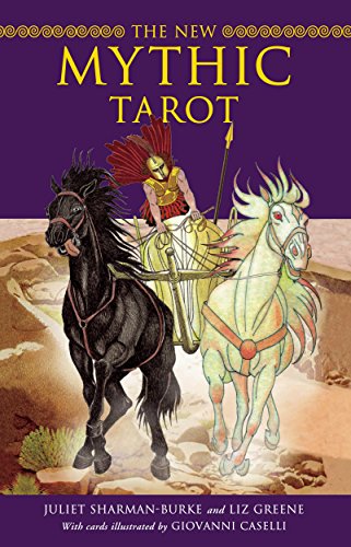The image shows a tarot deck cover featuring a charioteer driving black and white horses.