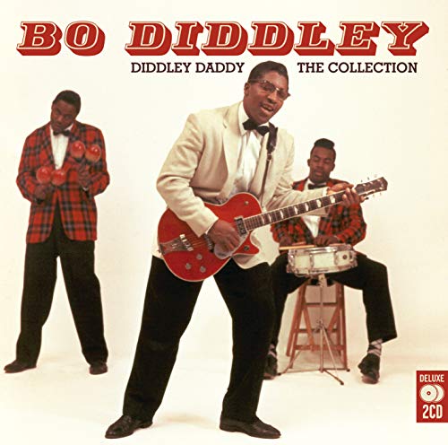 "CD cover featuring Bo Diddley and band, red guitars and plaid jackets."