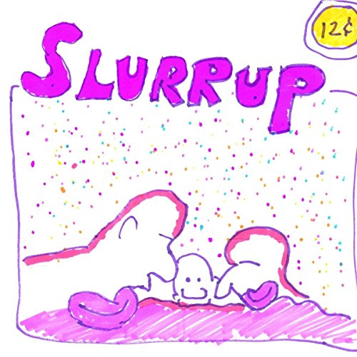 A childlike drawing of a CD cover with "Slurrup" text and colorful dots.