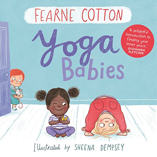 "Children's book cover showing three children practicing yoga poses on a white floor."