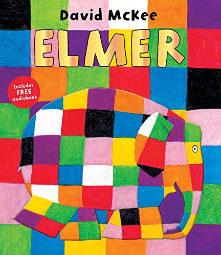 "Colourful children's book cover featuring a patchwork elephant and the title 'Elmer'."
