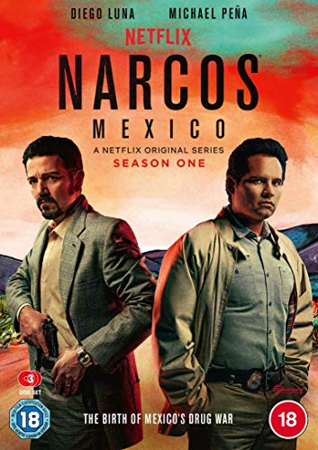 The image shows the DVD cover for "Narcos Mexico Season 1". "Image of Narcos Mexico DVD cover featuring two men holding guns."