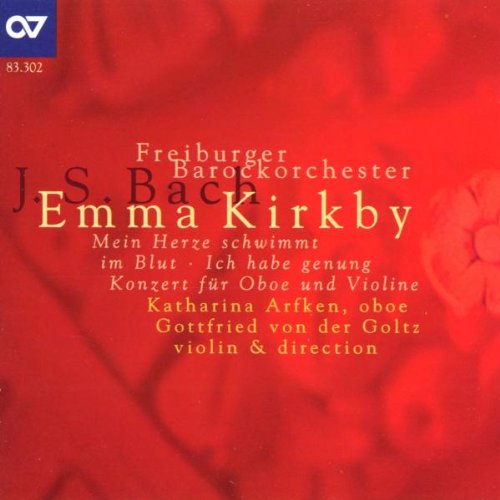 Red CD cover with white text, featuring artist Emma Kirkby and music details prominently.