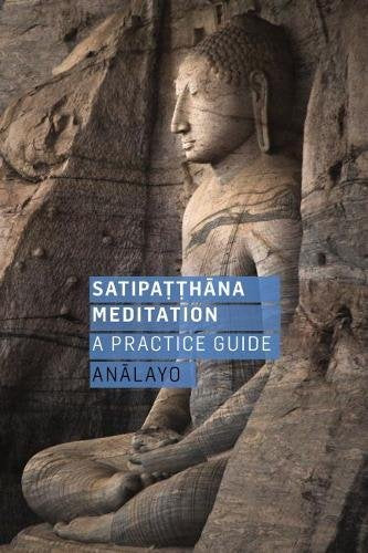 The image depicts a book cover featuring a serene stone Buddha statue. "Book cover with a stone Buddha statue and blue text boxes."