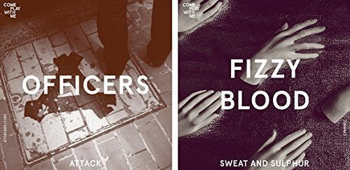 "Two vinyl record covers side by side with contrasting monochromatic images and white text."