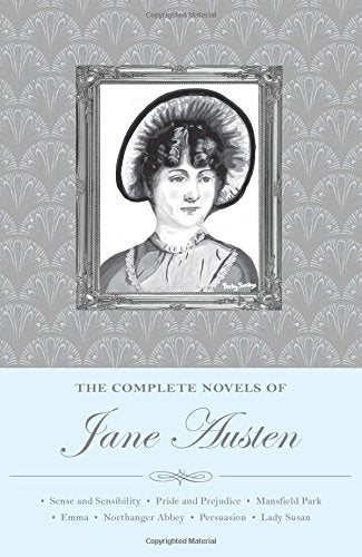 "Book cover with watercolor design and 'Jane Austen' title on a gray background."