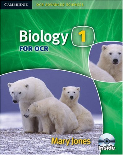 "Textbook cover with polar bears and green background, titled 'Biology 1 for OCR'."