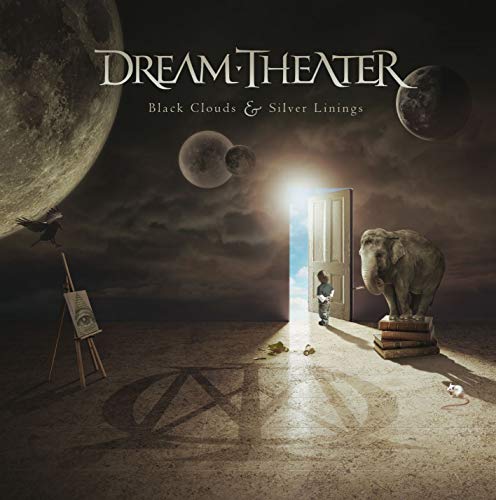 "Dream Theater album cover: surreal landscape with doorway, elephant, and celestial bodies."