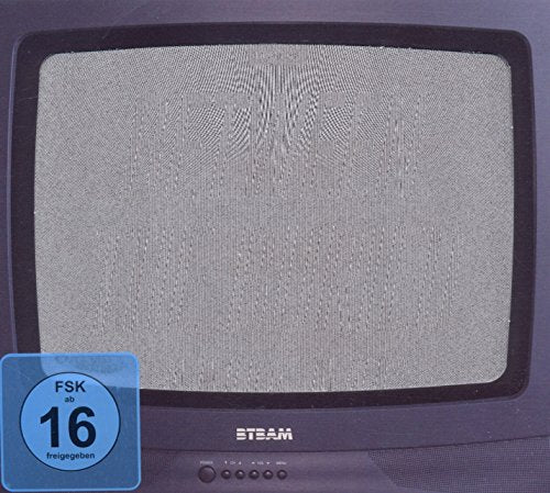 An old television screen displaying static, with a blue rating label in the corner.