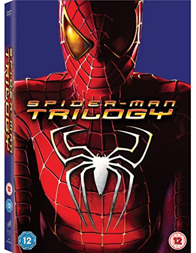 "Red Spider-Man DVD case with 'Spider-man Trilogy' title on blue background."