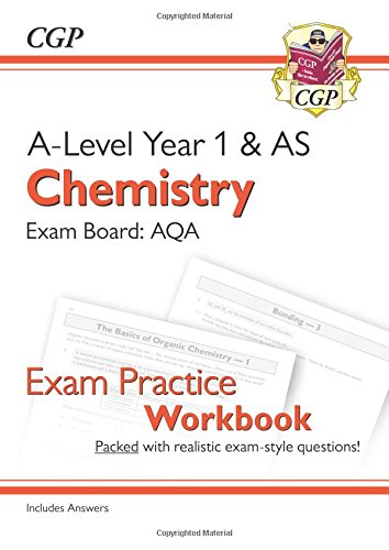 The image shows a workbook cover with a white background and red accents. Alt text: A-Level Chemistry workbook cover with "CGP" logo and sample pages visible.