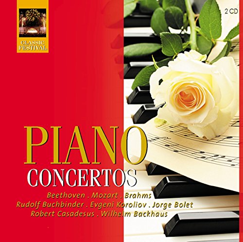 Red CD cover with piano keys, white rose, and sheet music, titled "Piano Concertos".