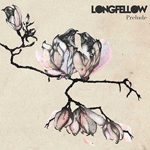 Magnolia branch with buds and two birds on a beige background, with "Longfellow Prelude" text.