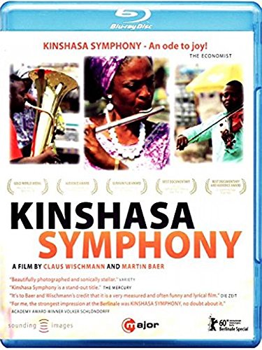 "Kinshasa Symphony" Blu-ray cover featuring three musicians playing instruments.