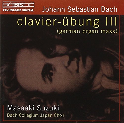 "CD cover with a sepia-toned portrait and text describing a Bach organ mass recording."