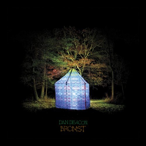 "Album cover featuring a glowing, patterned tent in a dark forest with artist's name."