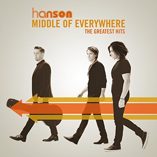 "Hanson band members walking in line, album cover with orange and yellow graphics."