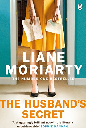 "Book cover of 'The Husband's Secret' by Liane Moriarty, featuring a red bench by water."
