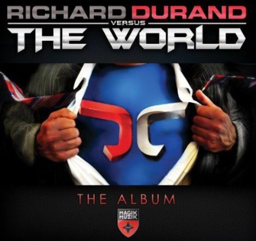 "Album cover with man ripping open shirt, revealing blue 'DC' logo, on black background."