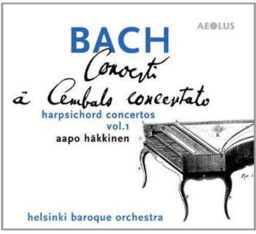 "CD cover featuring a harpsichord illustration and text about Bach's concertos."