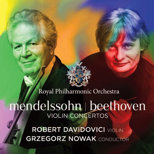 CD cover featuring two men holding violins, with multicolored background and white text overlay.