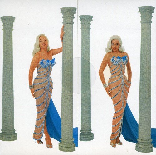"Album cover featuring a blonde woman in a pink and blue dress posing."