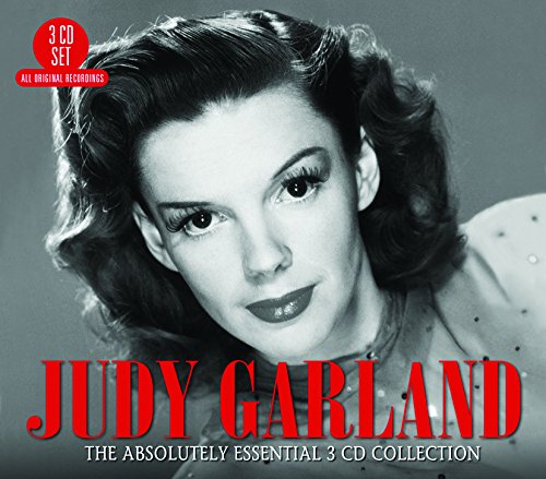 Black and white portrait of Judy Garland with red text overlay on a gray background.