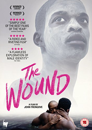 DVD cover for "The Wound" with a man's face and embracing couple.