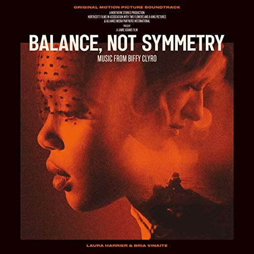 "Album cover featuring two mirrored faces, red-toned, with title 'Balance, Not Symmetry'."