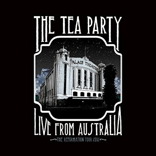 "Album cover with a black background, white text, and a building image."